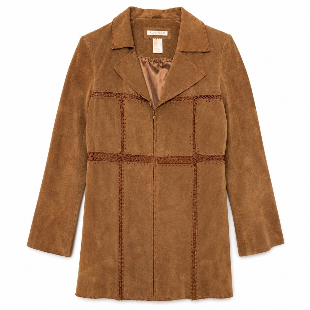 Forever 21 Suede Leather Jacket Women M Brown Excellent Crochet Boho Western